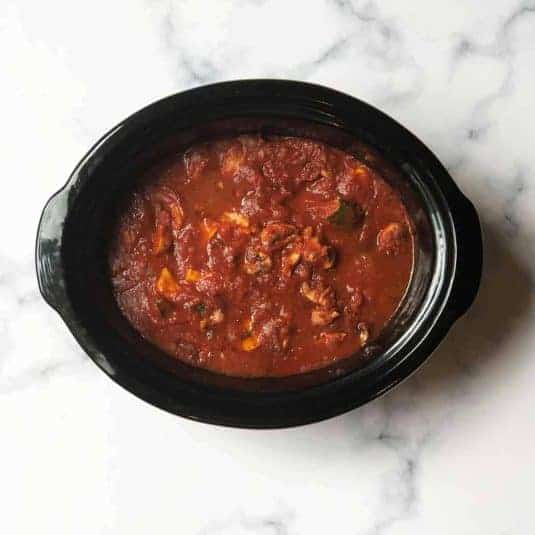 Chicken cacciatore in a crockpot.