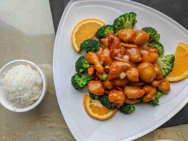 Overhead view of Crockpot Orange Chicken.