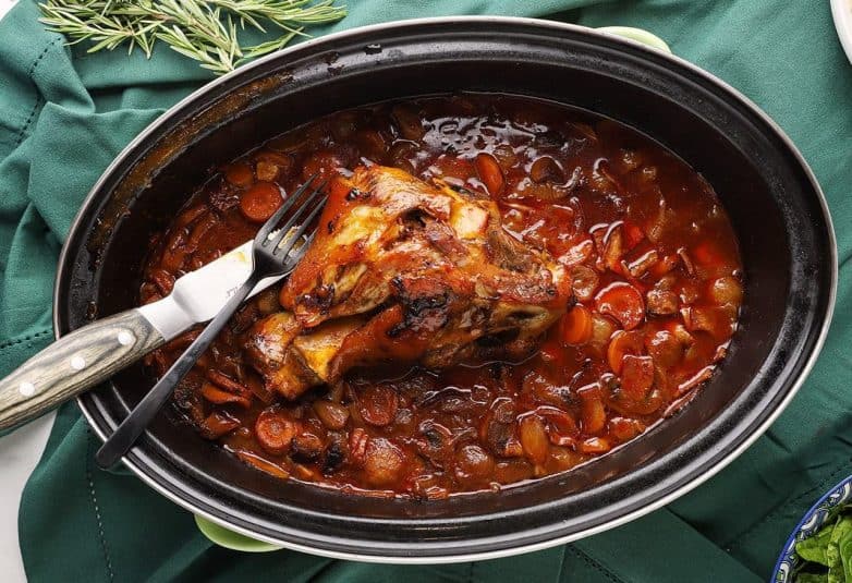 Overhead view of Pork Bourguignon (French Pork Stew).