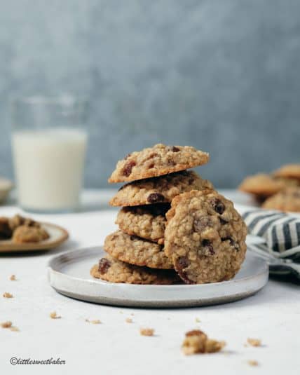 A stack of oatmeal raisin cookies on a plate with one on it's side.