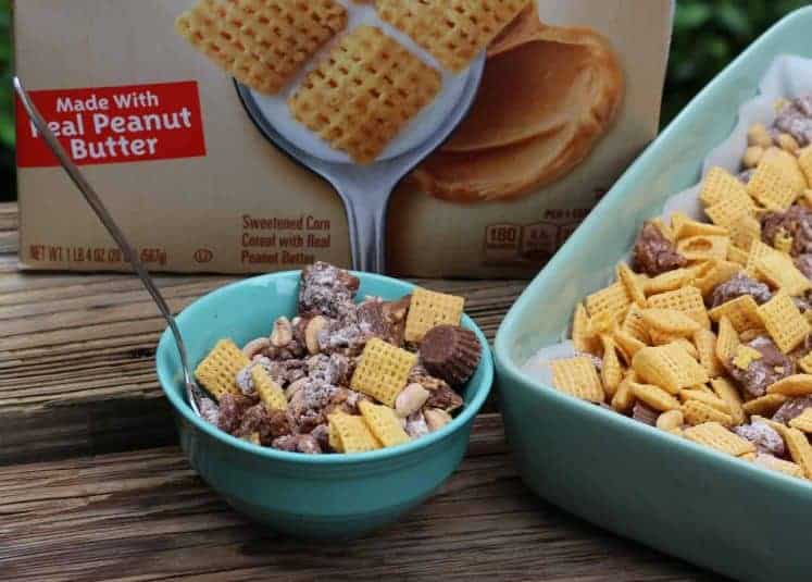 Peanut butter Chex mix with candies.
