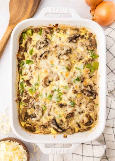 Overhead view of a Philly Cheesesteak Casserole.