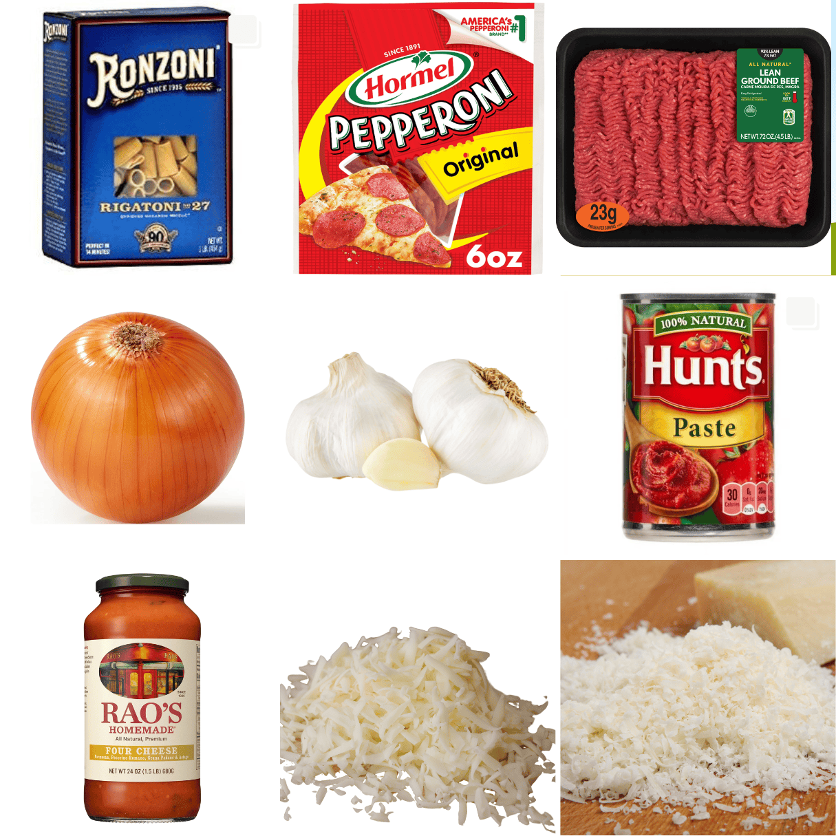 ingredients including rigatoni, pepperoni, ground beef, onion, garlic, tomato sauce/paste, and cheeses.