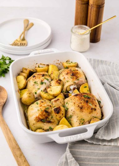 A display of Baked Chicken and Potatoes.