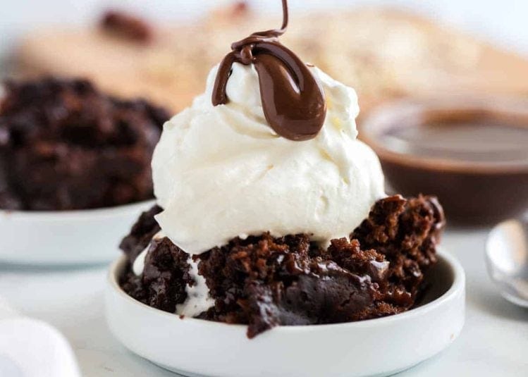 Slow cooker chocolate lava cake with ice cream.