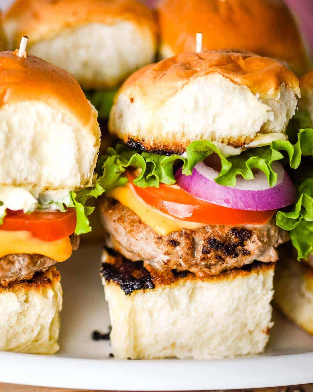 Closeup shot of turkey burger sliders.