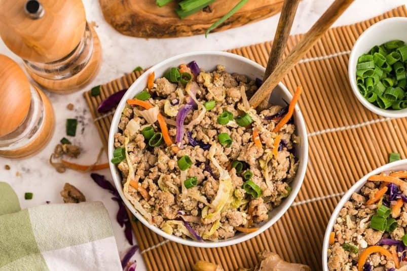 Overhead view of Pork Egg Roll in a Bowl.