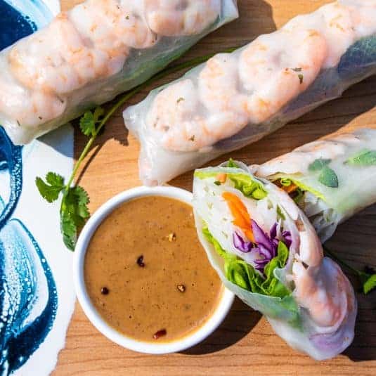 Top view of Shrimp Salad Rolls with Peanut Dipping Sauce.