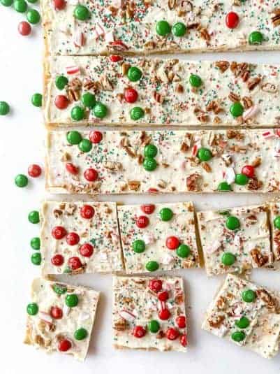 White Christmas Crack Candy, sliced into squares.