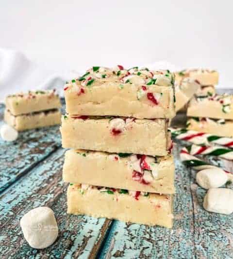 A stack of White Chocolate Peppermint Fudge.