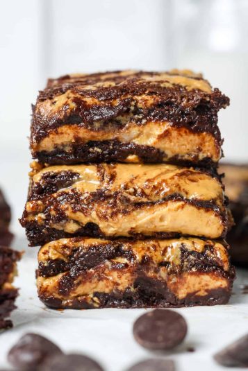 A stack of Chocolate Peanut Butter Brownies.