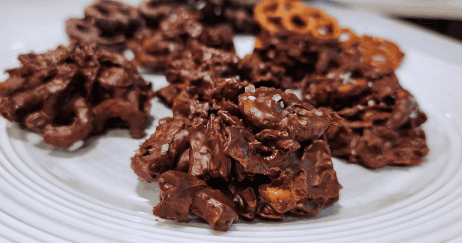 Salty Snacks Chocolate Clusters on a white plate.