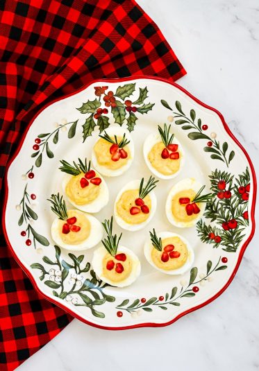 Overhead view of Holiday Deviled Eggs.