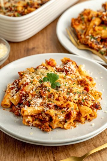 Creamy baked pasta served on a plate.