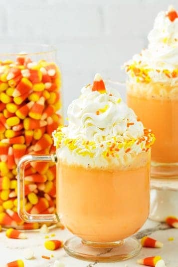 A display of Candy Corn Hot Chocolate.