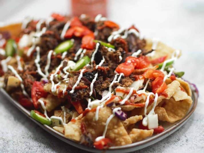 Beef Short Rib Nachos with wonton chips.