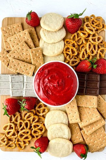 Overhead view of Red Velvet Marshmallow Dip Charcuterie.