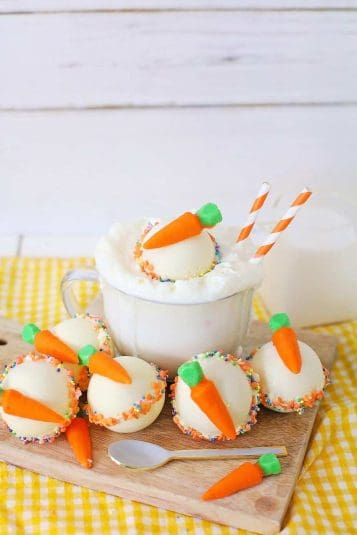 A display of Carrot Cake White Hot Chocolate Bombs.
