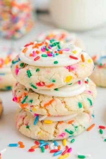 A stack of Crumbl Birthday Cake Cookies.