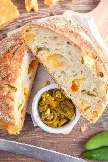 A shot of the interior of the cheddar jalapeno sourdough loaf.
