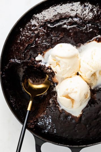 Baked hot chocolate pudding served with ice cream.