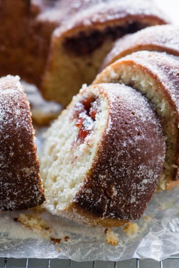 A slice of Jelly Doughnut Bundt Cake.