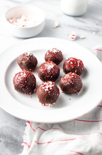 Peppermint Truffles on a white plate.