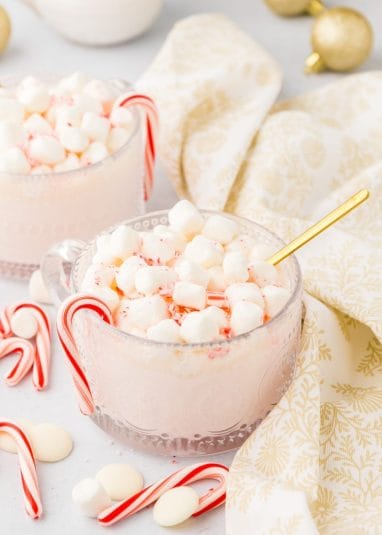 Peppermint White Hot Chocolate served in decorative glass.