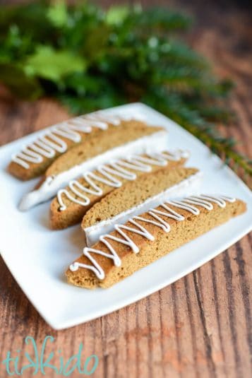 Overhead view of a Gingerbread Biscotti on a white plate.