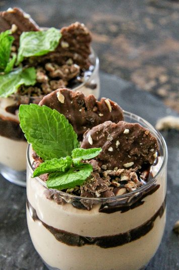 Close up of a Chocolate Almond Butter No Bake Cheesecake.