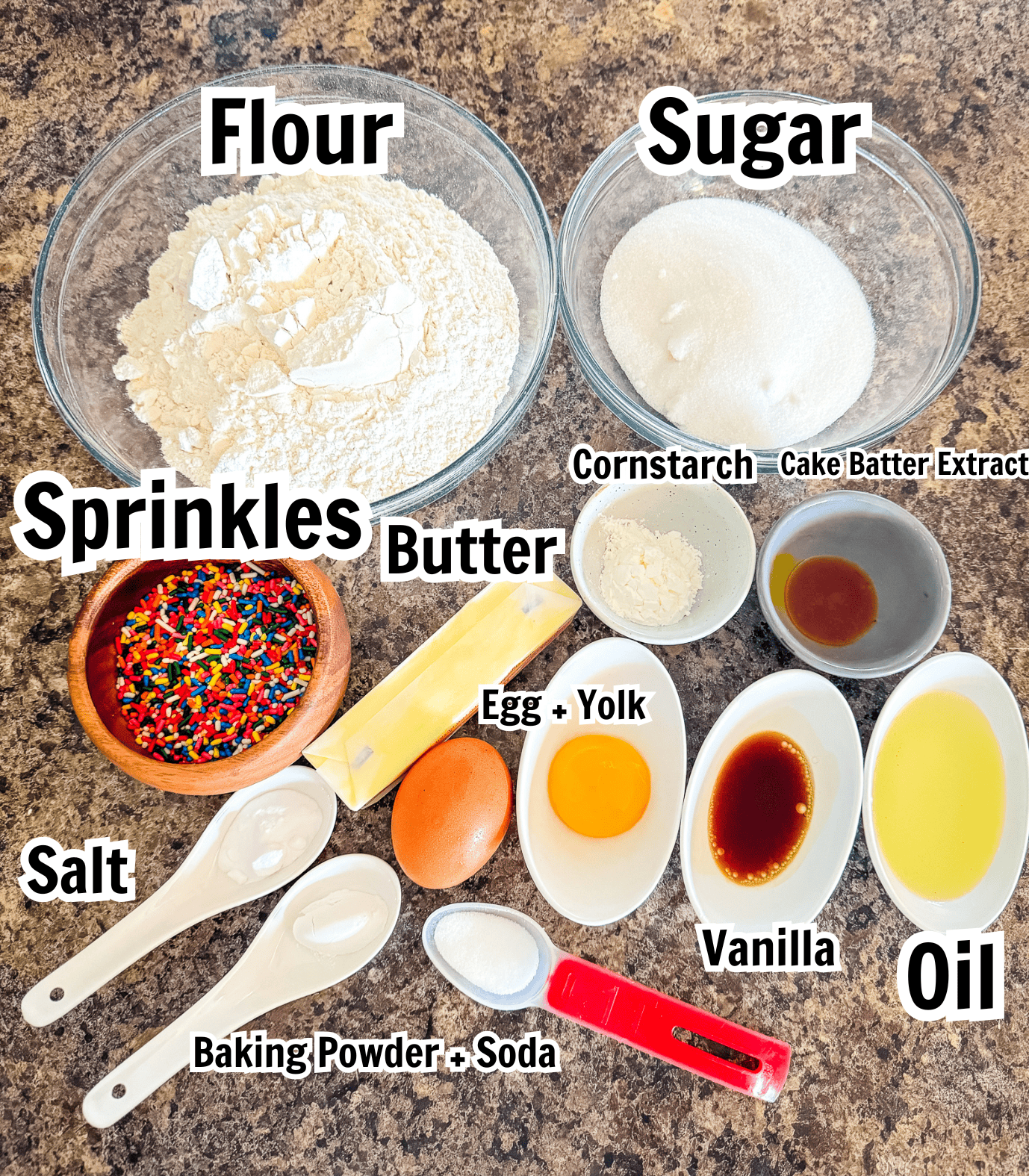 ingredients including flour, sugar, butter, sprinkles, eggs, cake batter extract, oil, vanilla, and cornstarch.