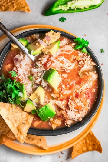 A bowl of Instant Pot Mexican Chicken Soup.