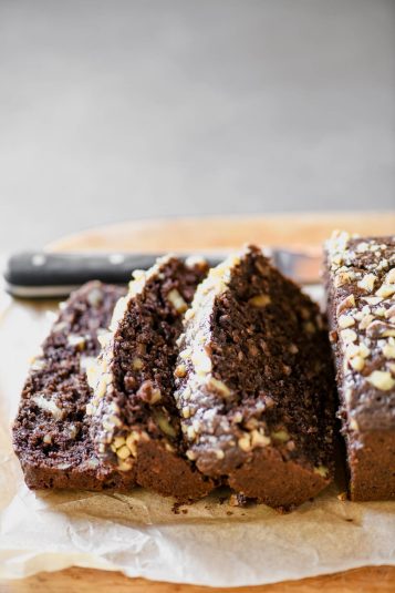 Loaf of brownie bread, sliced.