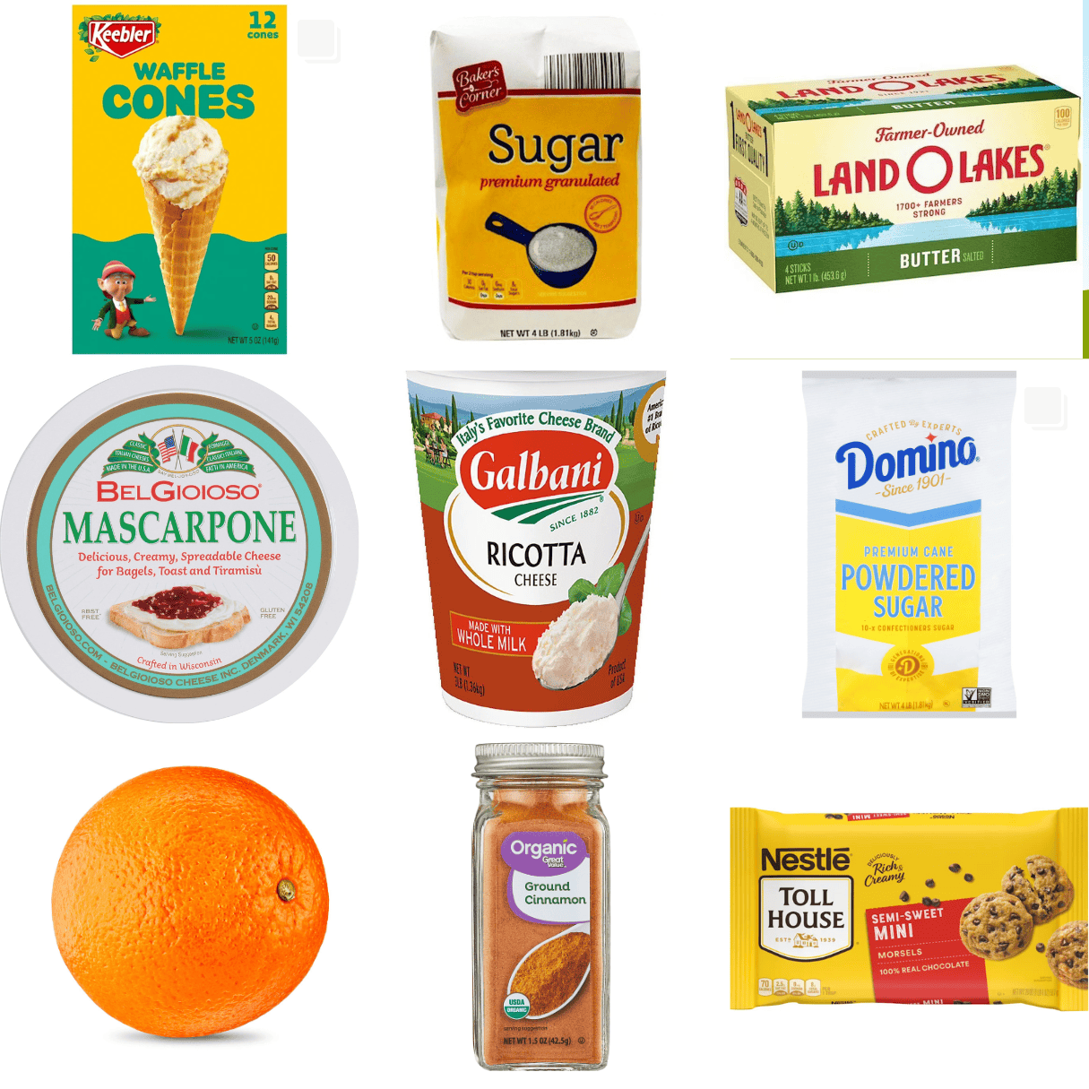 ingredients including waffle cones, sugar, butter, mascarpone, ricotta, powdered sugar, and chocolate chips.