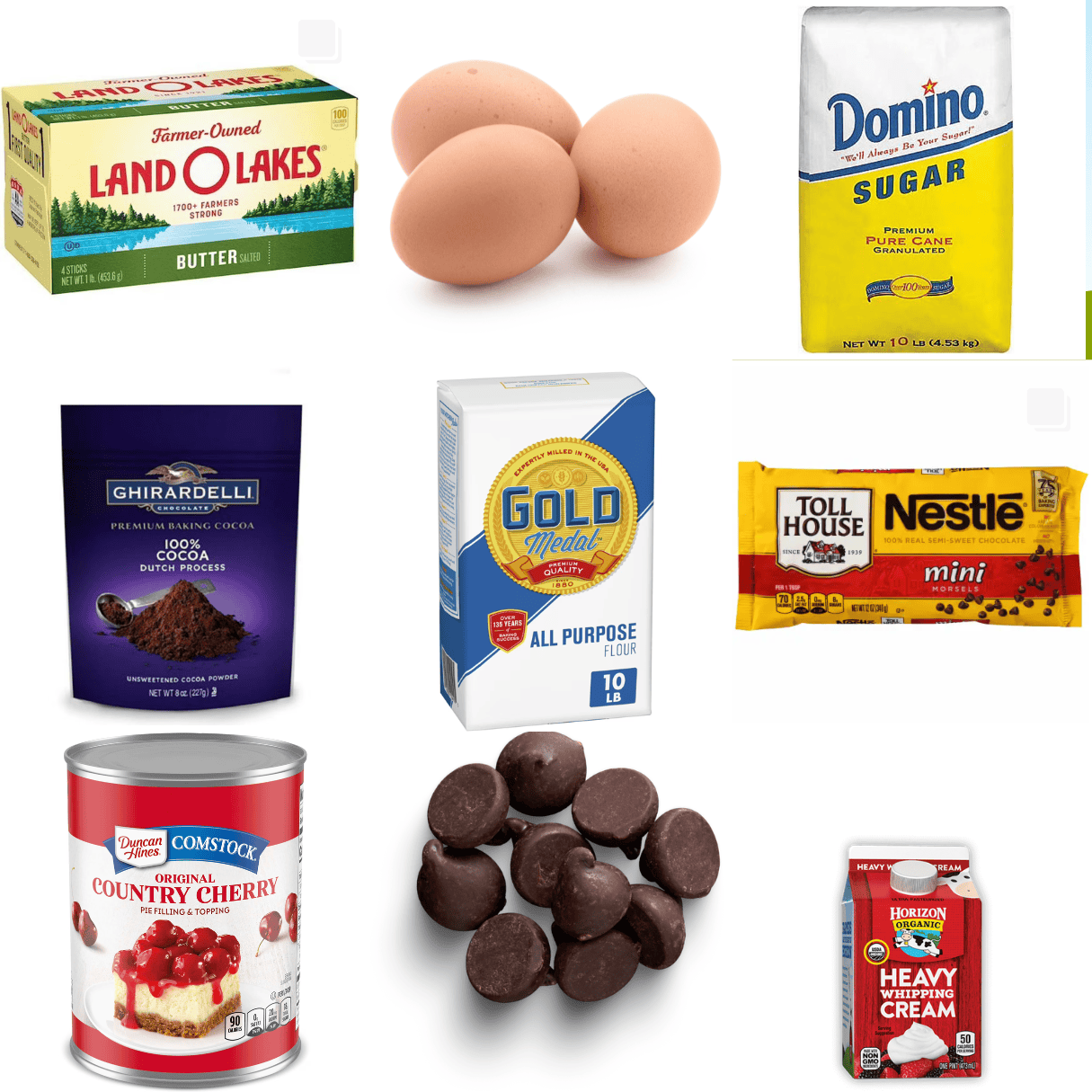 ingredients including butter, eggs, sugar, cocoa powder, flour, chocolate chips, cherry pie filling, and heavy cream.