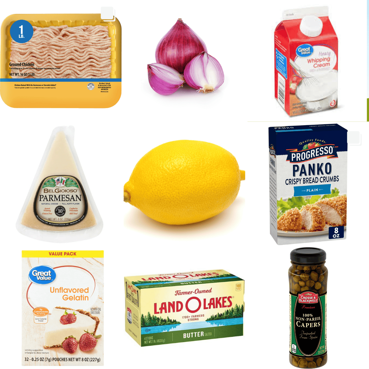 ingredients including ground chicken, shallot, heavyc ream, parmesan, lemon, panko, gelatin, butter, and capers.