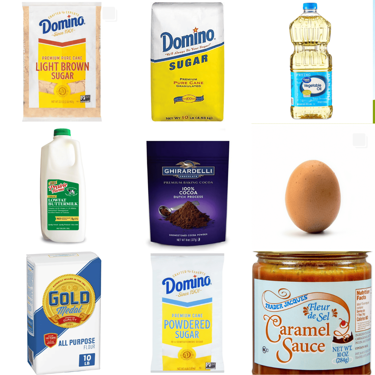 ingredients including brown sugar, white sugar, oil, buttermilk, flour, cocoa, egg, and salted caramel sauce. 