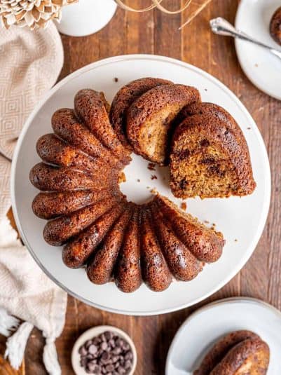Overhead view of Chocolate Chip Banana Bundt Cake.