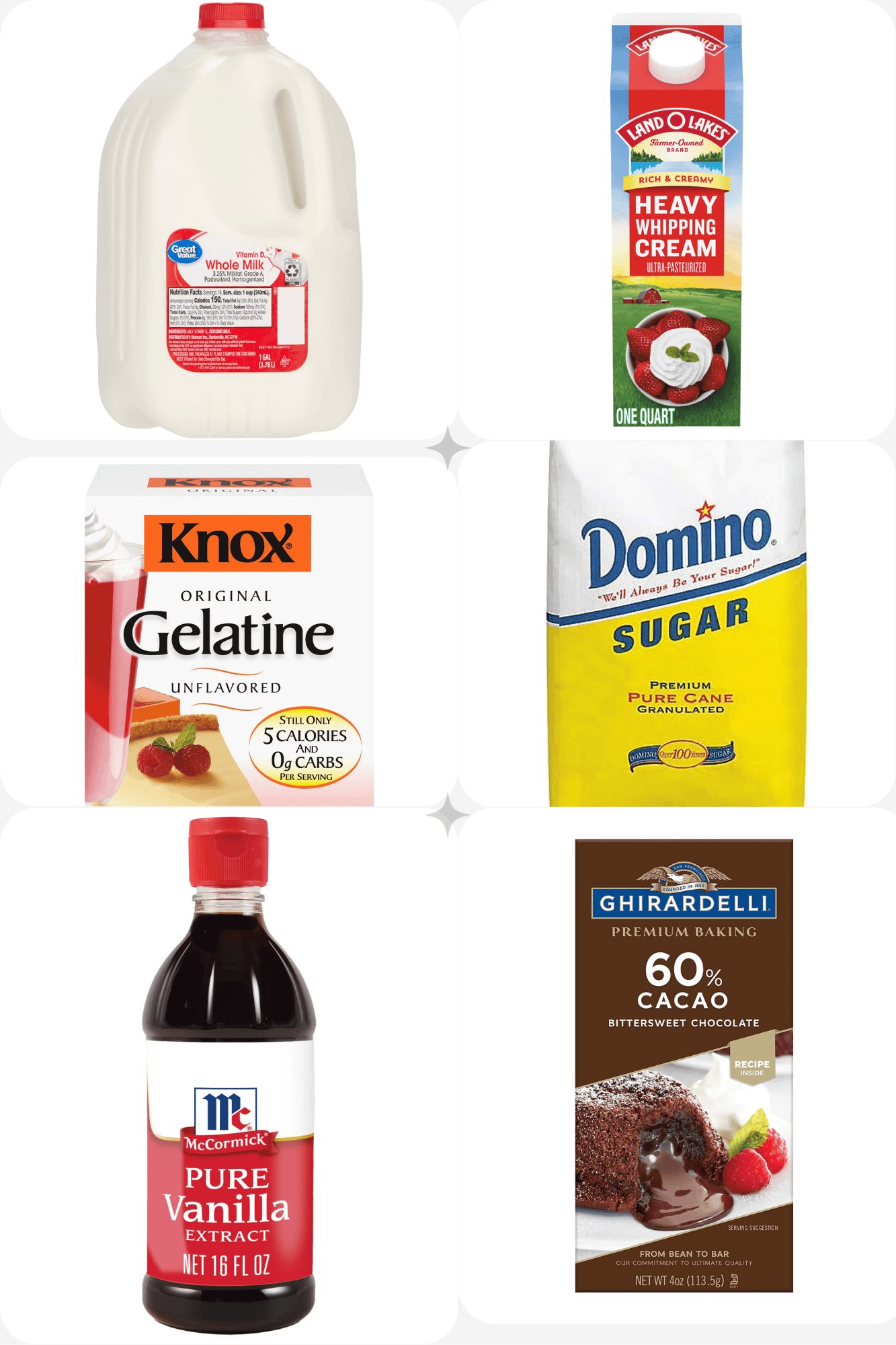 ingredients including milk, heavy cream, gelatin, white sugar, vanilla, and a semi sweet chocolate bar.