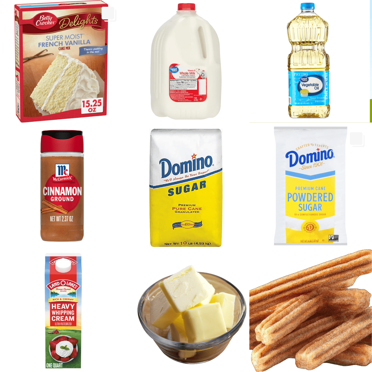 ingredients including cake mix, whole milk, vegetable oil, cinnamon, sugar, heavy cream, butter, and churros.