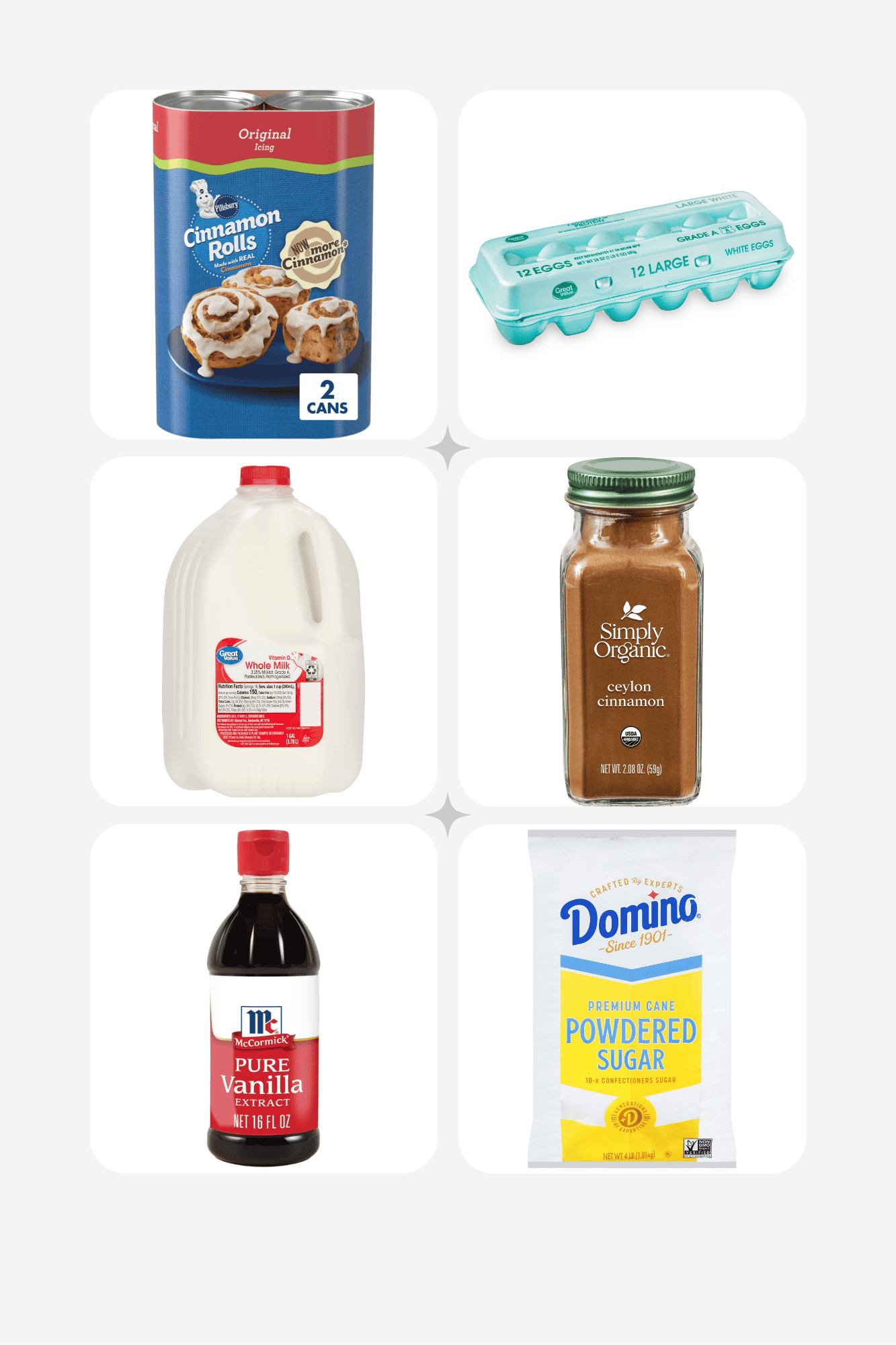 ingredients including cinnamon rolls, eggs, milk, cinnamon, vanilla, and powdered sugar.