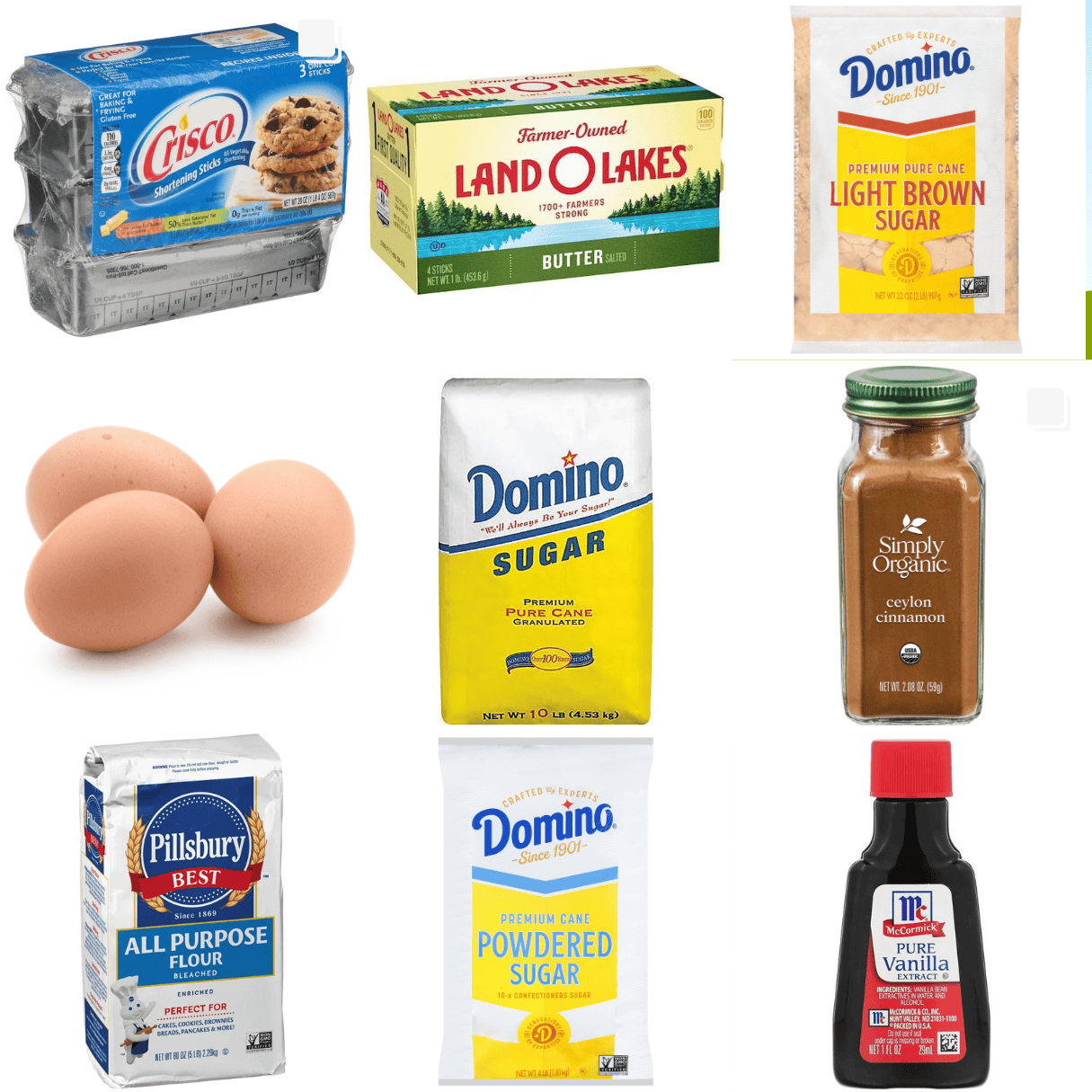 ingredients including shortening, butter, brown sugar, white sugar, eggs, cinnamon, flour, powdered sugar, and vanilla.
