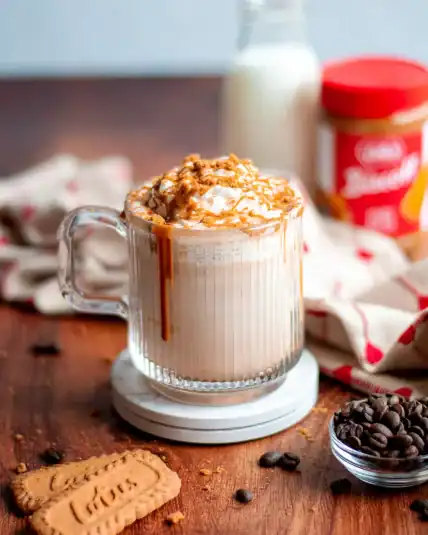 A delicious cookie butter latte in a glass mug. the mug sits on top of 2 white coasters and is surrounded by a tan and red linen, lotus biscoff cookies, and coffee beans. a container of milk and the jar of cookie butter sit in the background.