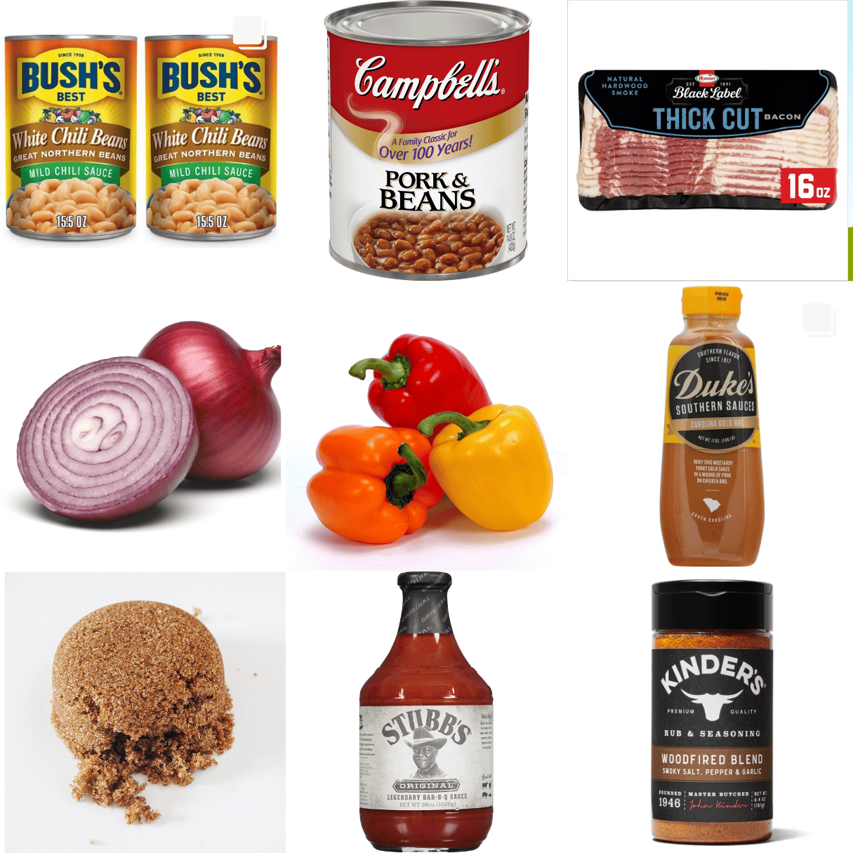 ingredients including chili beans, pork and beans, bacon, onion, gold 
BBQ sauce, brown sugar, and BBQ sauce.