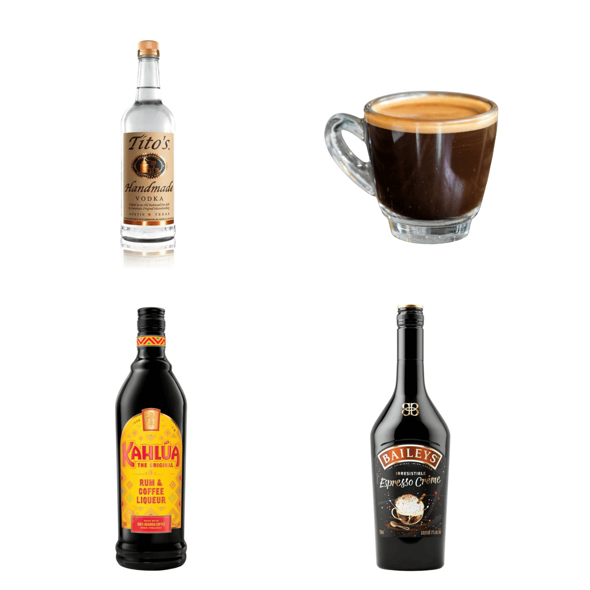 ingredients including Tito's vodka, espresso, Kahlua, and Bailey's espresso Creme. 