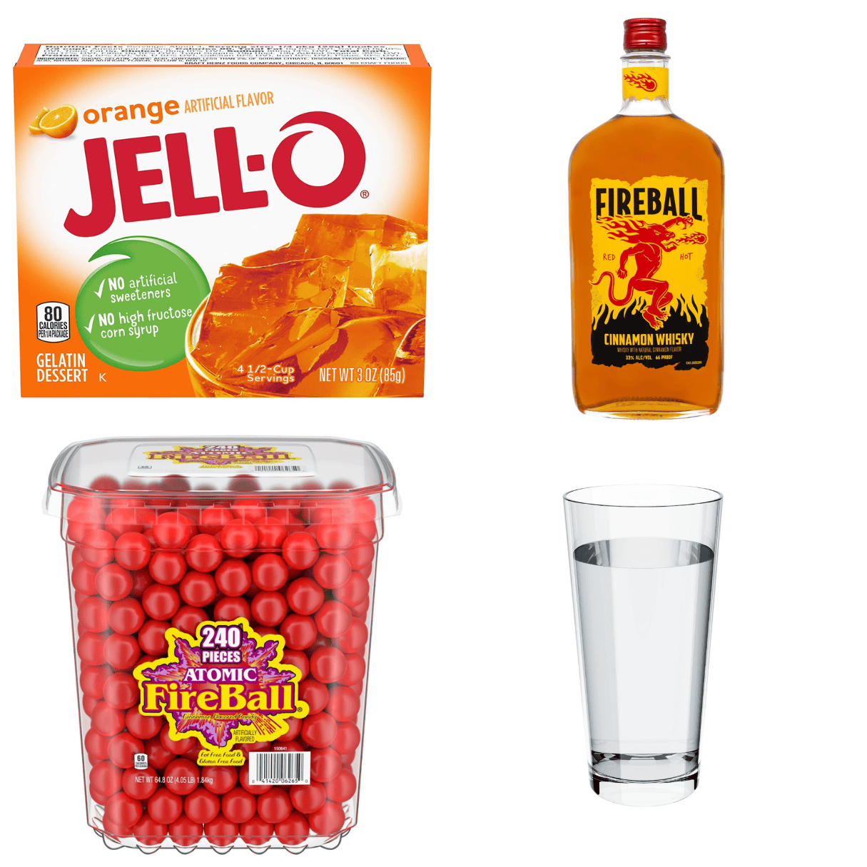 ingredients including orange Jello, Fireball Whisky, Fireball candies, and water.