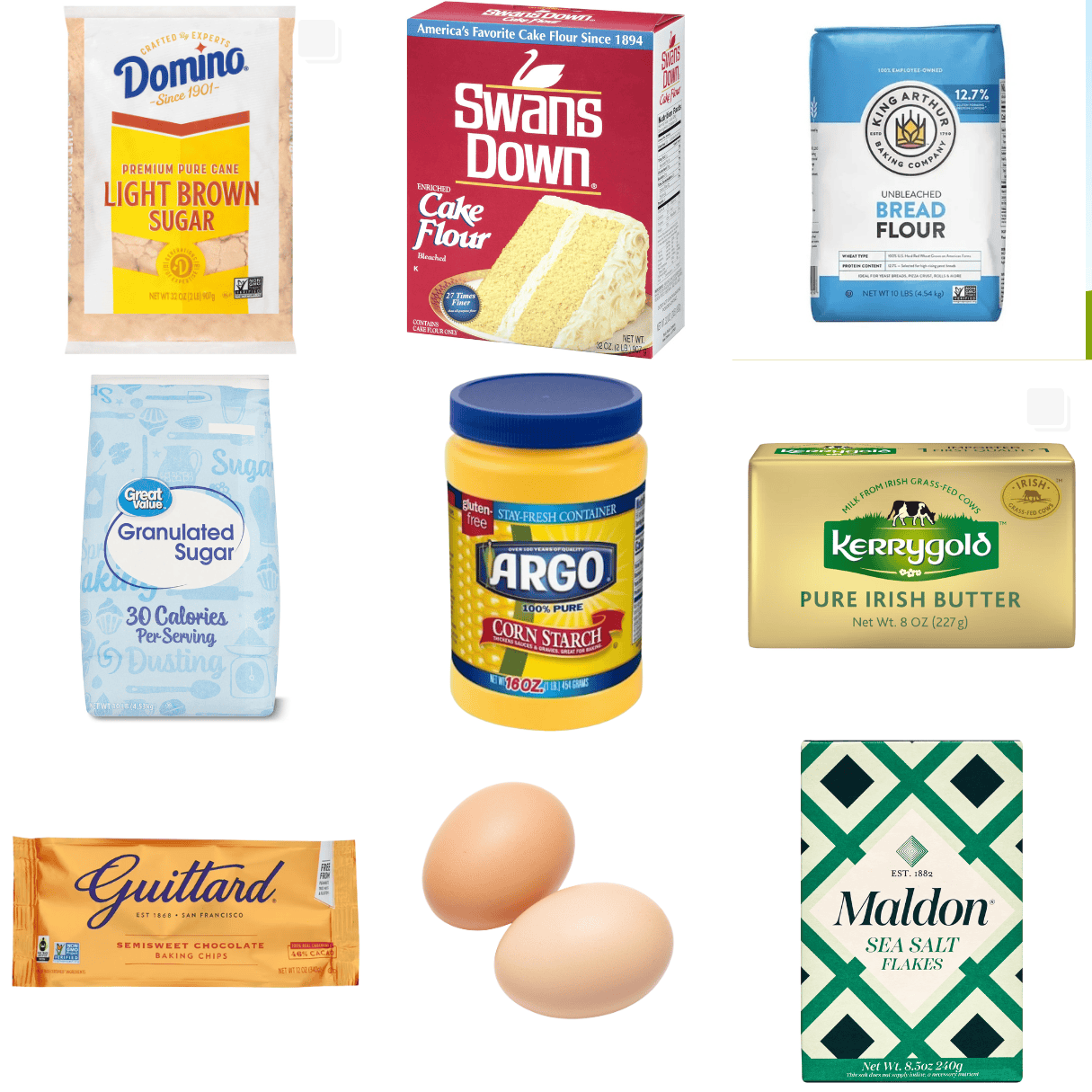 ingredients including brown sugar, cake flour, bread flour, white sugar, cornstarch, butter, guittard chocolate chips, and salt.