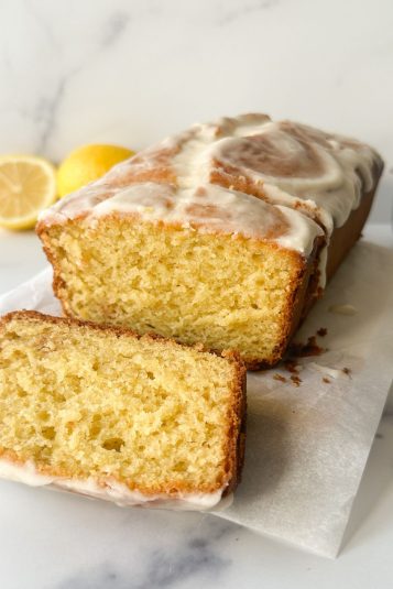 Sliced gluten free lemon cake.