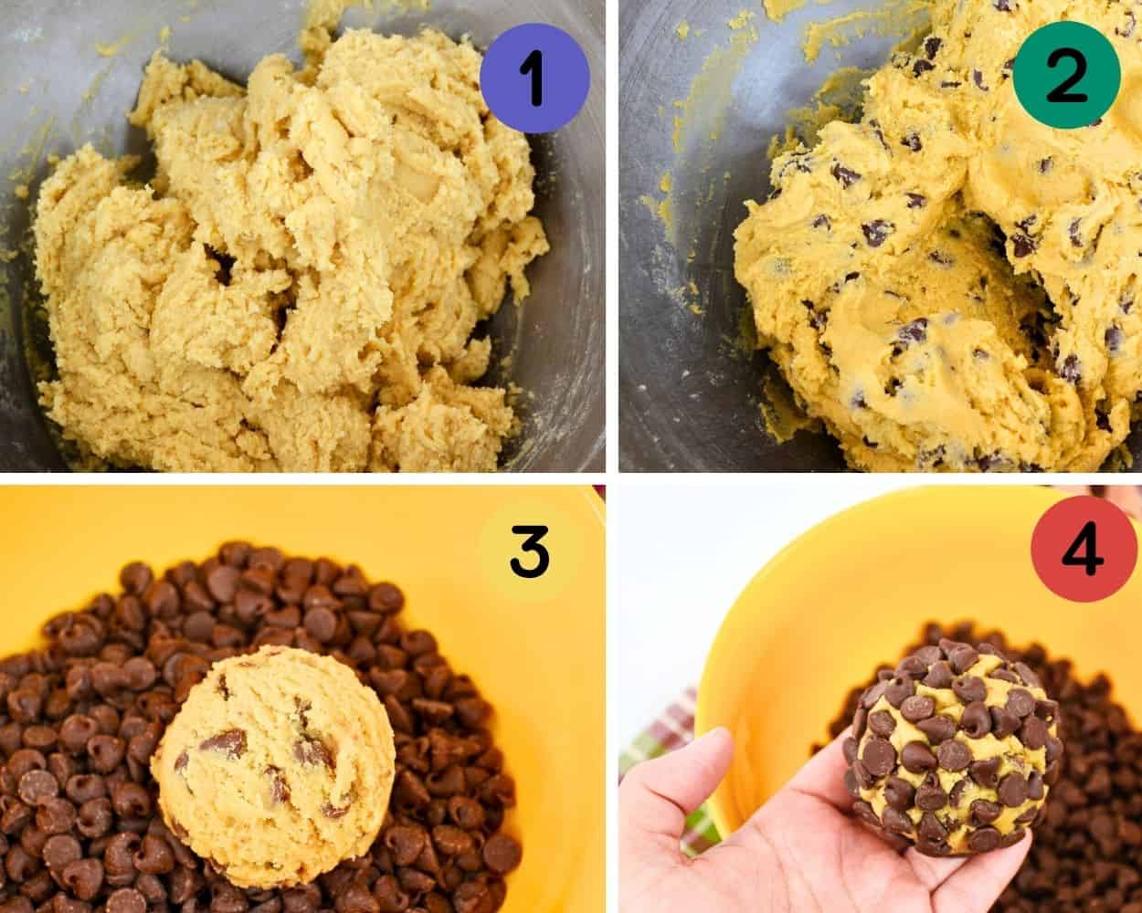 a 4 image collage showing how to make the dough and roll the cookie in chocolate chips.
