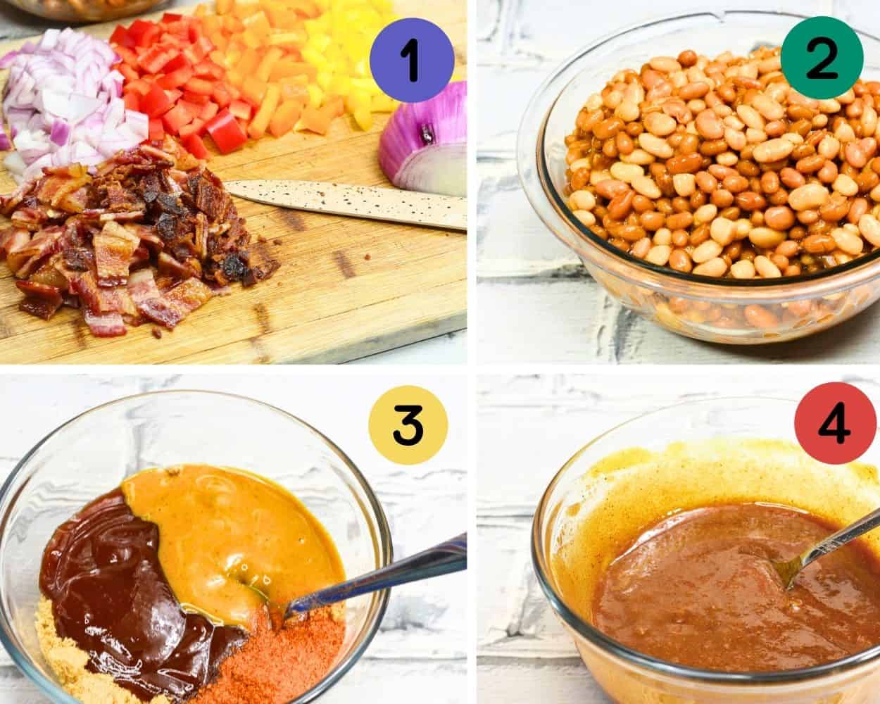 a collage showing to how to cut ingredients and make the sauce for bbq baked beans.